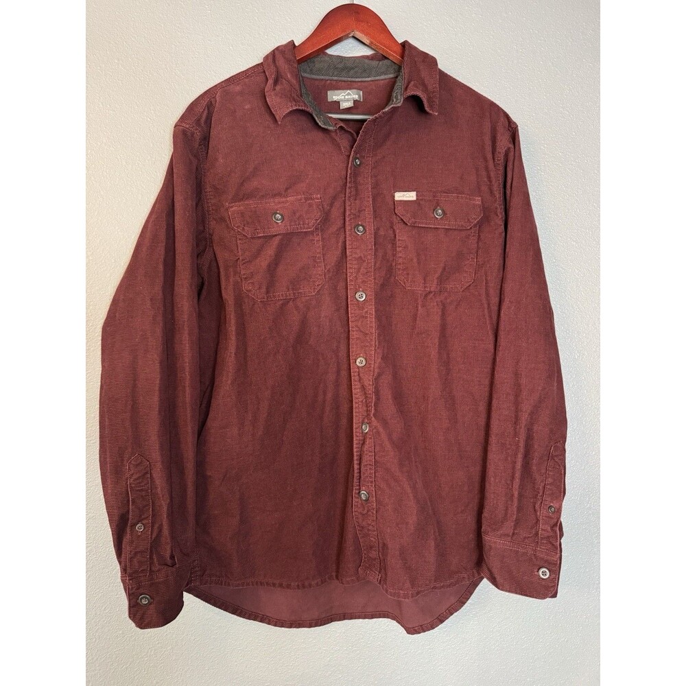 Eddie Bauer Mens L Burgundy Waffle Knit Thermal Cotton Button-Up Shirt